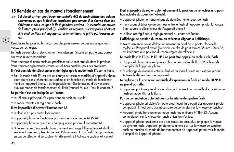15 remède en cas de mauvais fonctionnement | Metz MECABLITZ 48 AF-1 digital Pentax User Manual | Page 42 / 140