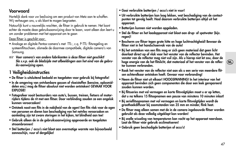 Voorwoord, 1 veiligheidsinstructies | Metz MECABLITZ 48 AF-1 digital Pentax User Manual | Page 47 / 140