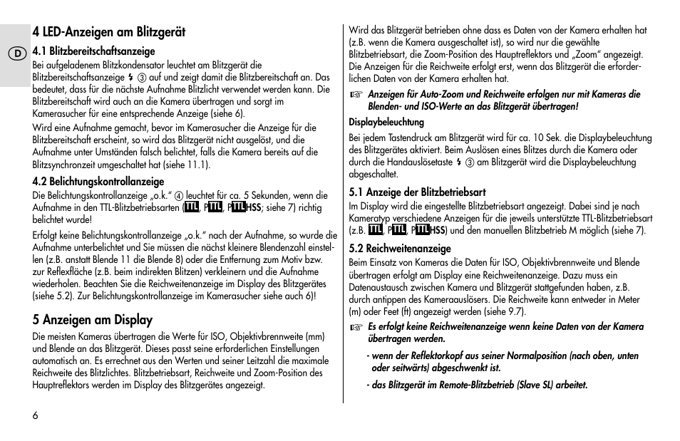 4 led-anzeigen am blitzgerät, 5 anzeigen am display | Metz MECABLITZ 48 AF-1 digital Pentax User Manual | Page 6 / 140