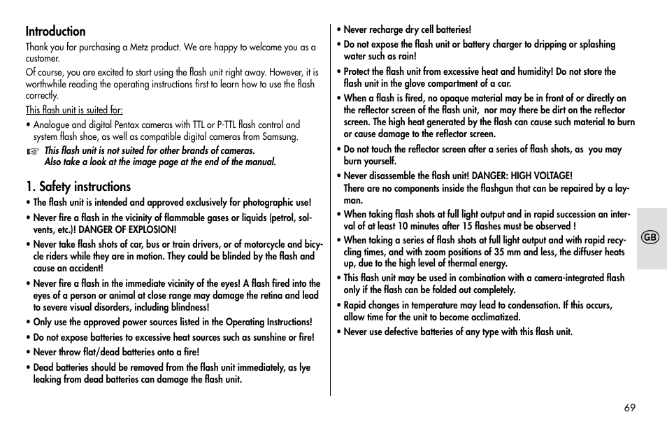 Introduction, Safety instructions | Metz MECABLITZ 48 AF-1 digital Pentax User Manual | Page 69 / 140