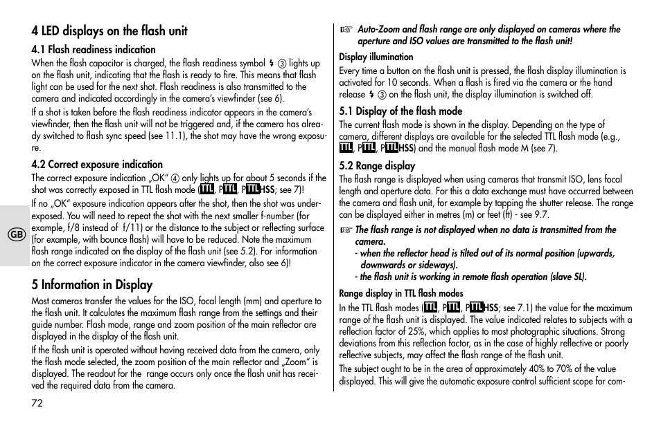 4 led displays on the flash unit, 5 information in display | Metz MECABLITZ 48 AF-1 digital Pentax User Manual | Page 72 / 140