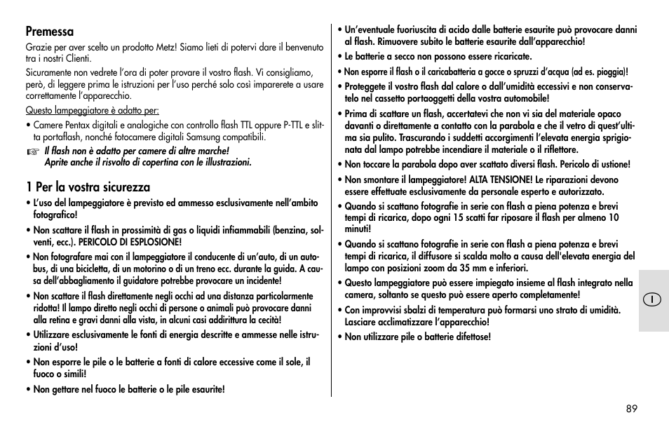 Premessa, 1 per la vostra sicurezza | Metz MECABLITZ 48 AF-1 digital Pentax User Manual | Page 89 / 140