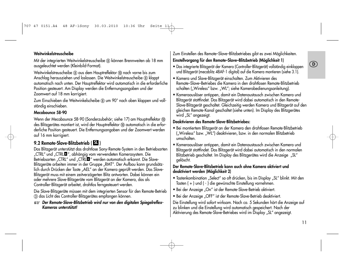 Metz MECABLITZ 48 AF-1 digital Sony User Manual | Page 11 / 125