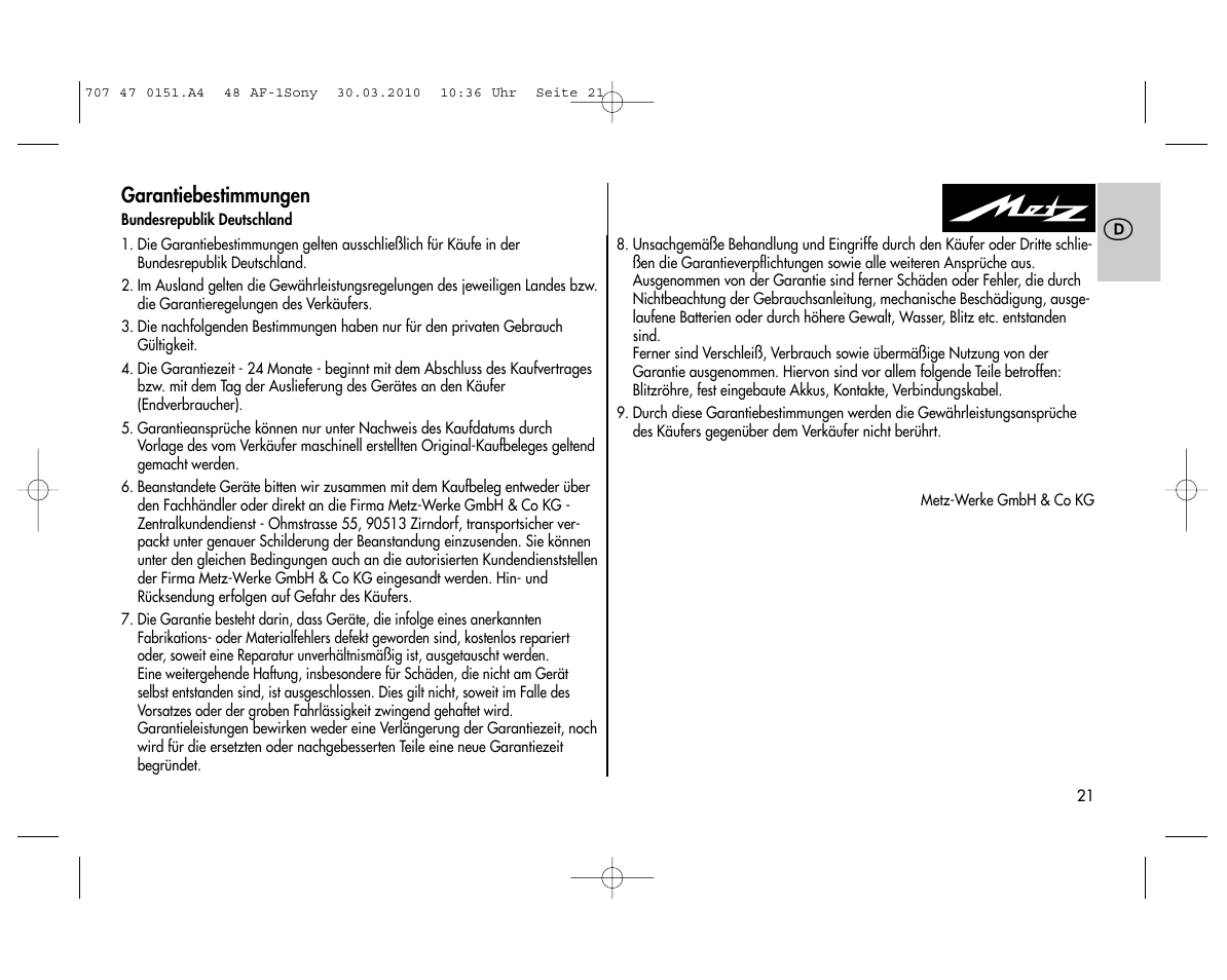 Garantiebestimmungen | Metz MECABLITZ 48 AF-1 digital Sony User Manual | Page 21 / 125
