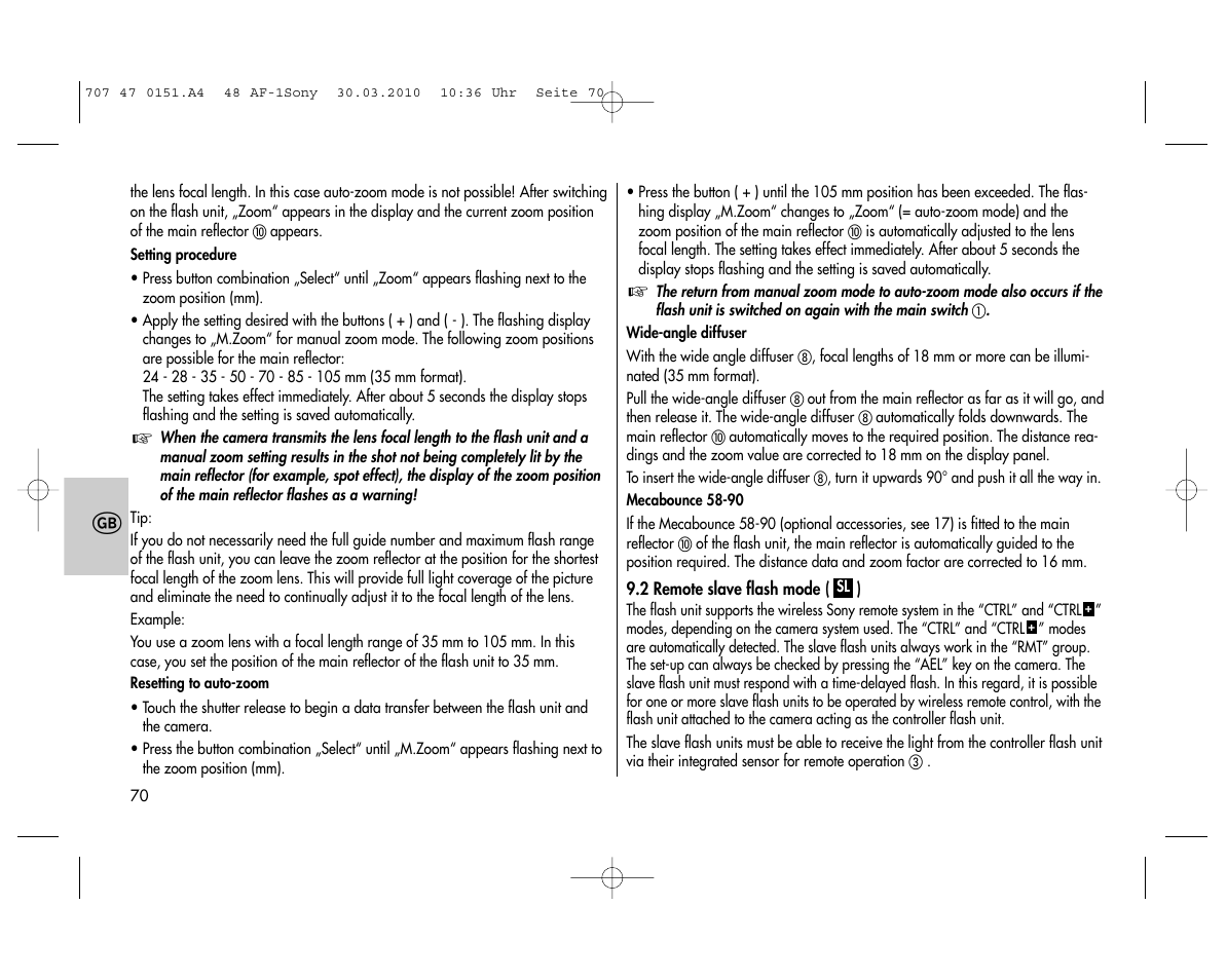 Metz MECABLITZ 48 AF-1 digital Sony User Manual | Page 70 / 125