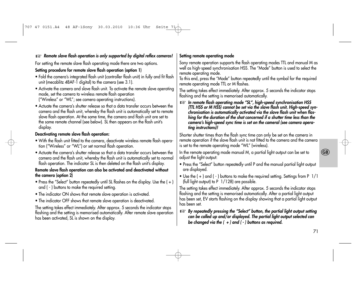 Metz MECABLITZ 48 AF-1 digital Sony User Manual | Page 71 / 125