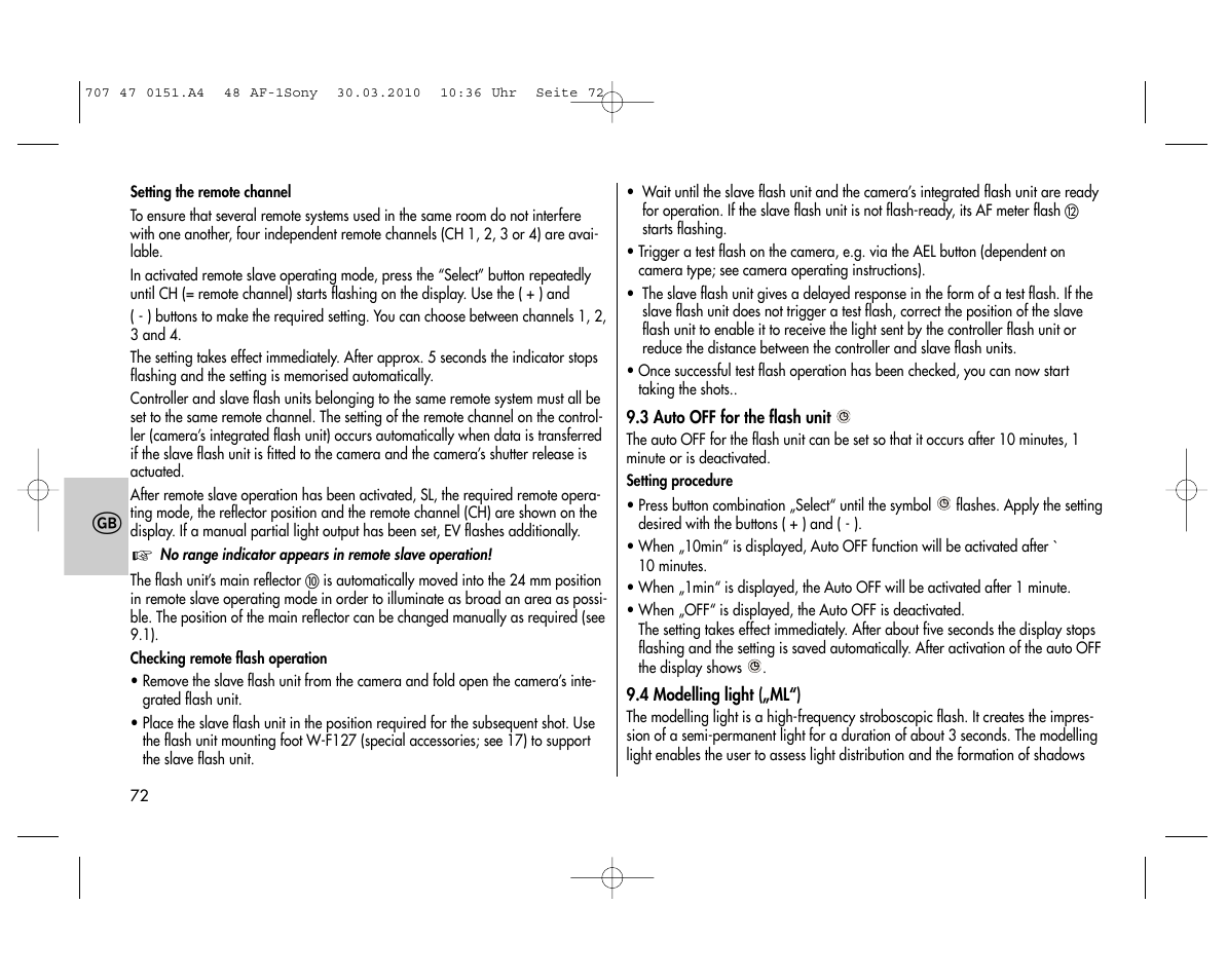 Metz MECABLITZ 48 AF-1 digital Sony User Manual | Page 72 / 125