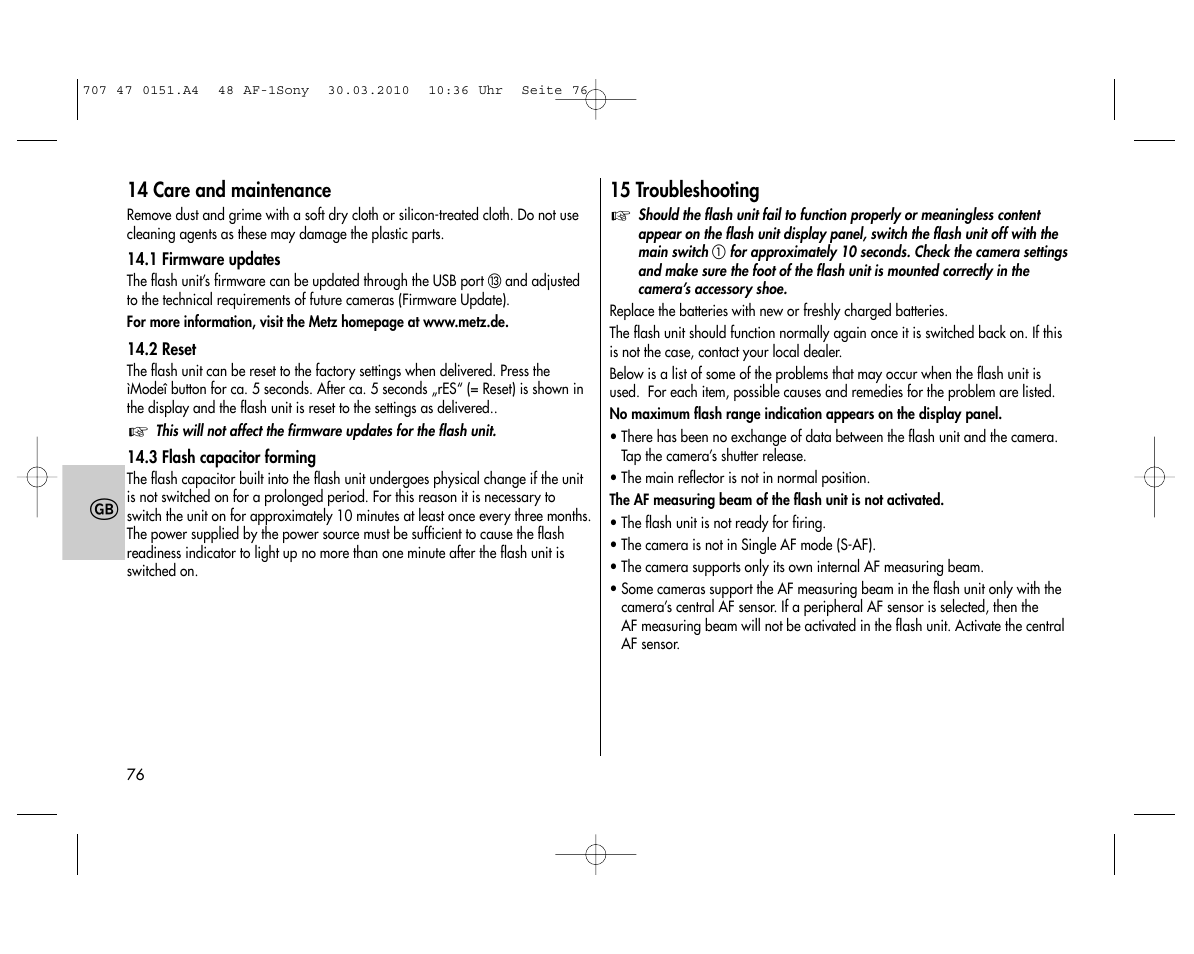 Metz MECABLITZ 48 AF-1 digital Sony User Manual | Page 76 / 125