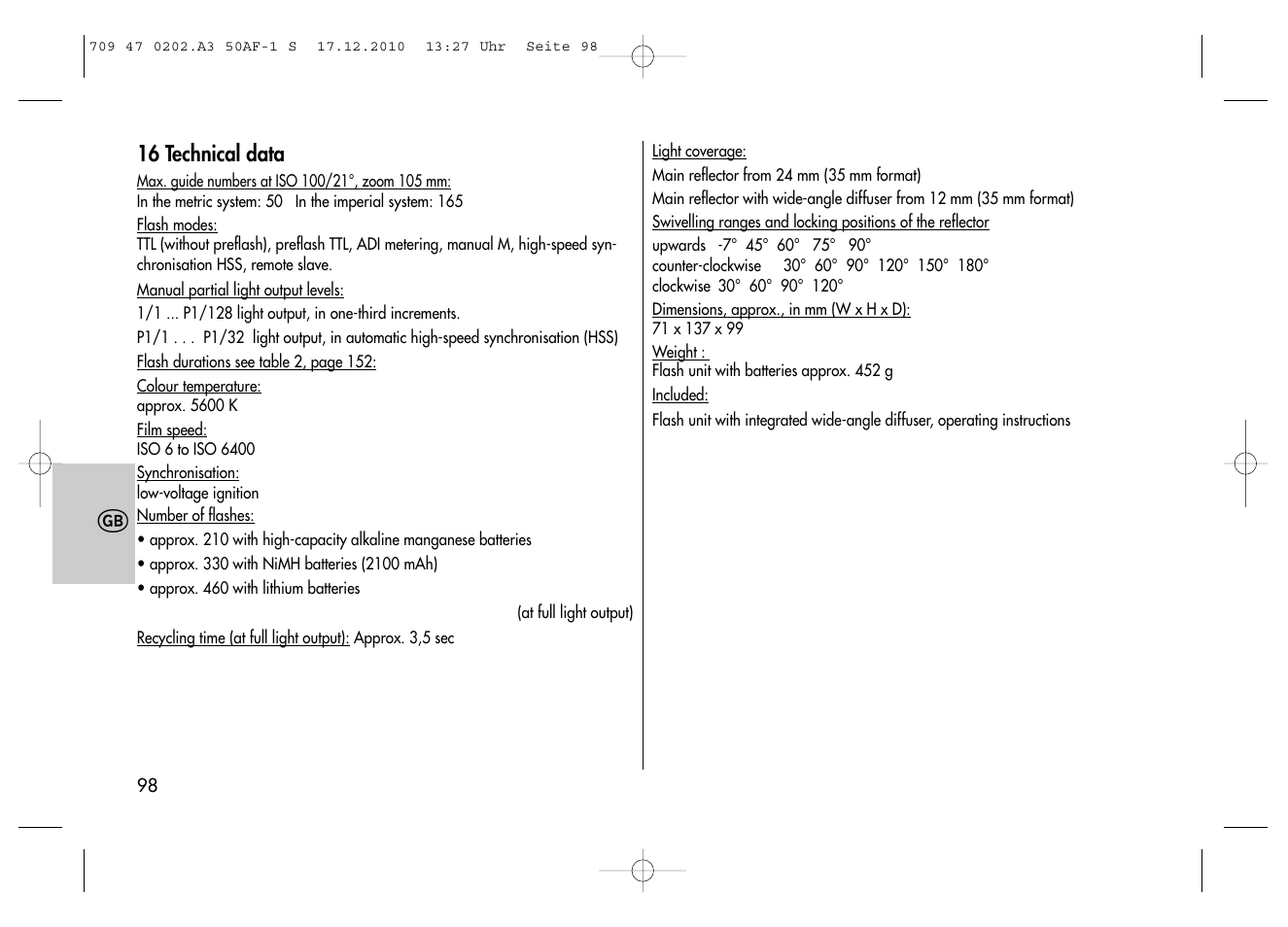 Metz MECABLITZ 50 AF-1 digital Sony User Manual | Page 98 / 158