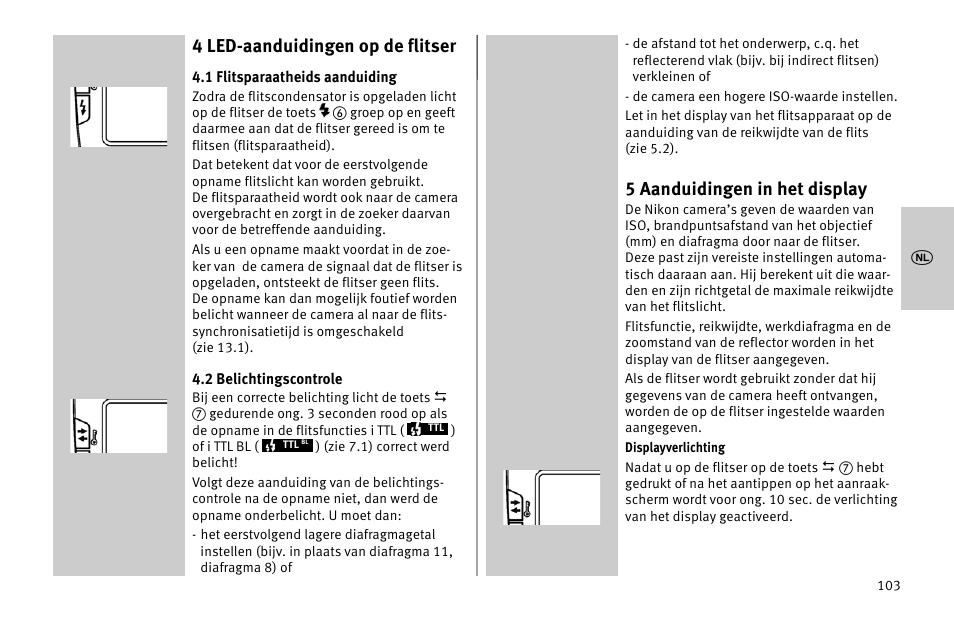 4 led-aanduidingen op de flitser, 5 aanduidingen in het display | Metz MECABLITZ 52 AF-1 digital Nikon User Manual | Page 103 / 286