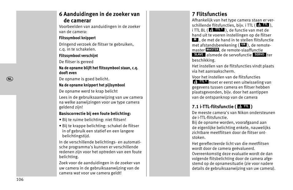 6 aanduidingen in de zoeker van de camerar, 7 flitsfuncties | Metz MECABLITZ 52 AF-1 digital Nikon User Manual | Page 106 / 286