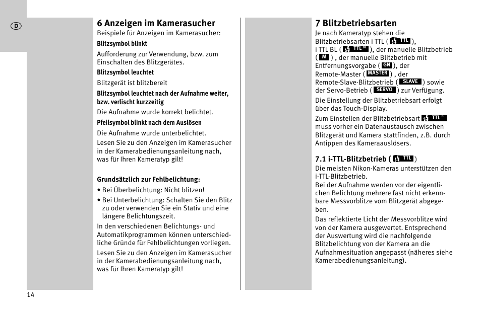 6 anzeigen im kamerasucher, 7 blitzbetriebsarten | Metz MECABLITZ 52 AF-1 digital Nikon User Manual | Page 14 / 286