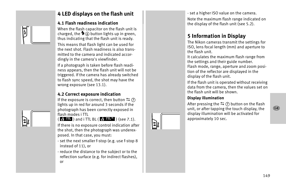 4 led displays on the flash unit, 5 information in display | Metz MECABLITZ 52 AF-1 digital Nikon User Manual | Page 149 / 286