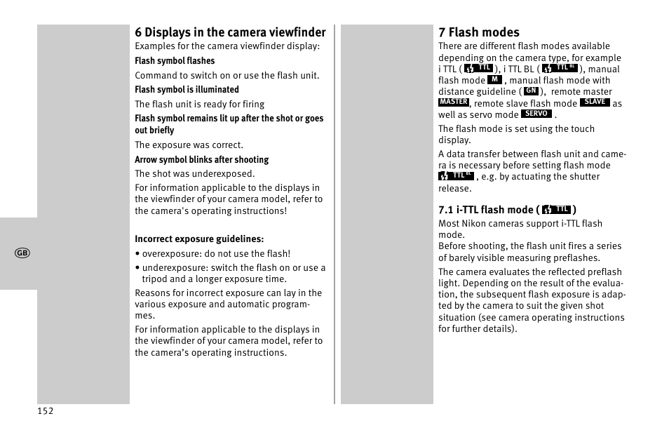6 displays in the camera viewfinder, 7 flash modes | Metz MECABLITZ 52 AF-1 digital Nikon User Manual | Page 152 / 286