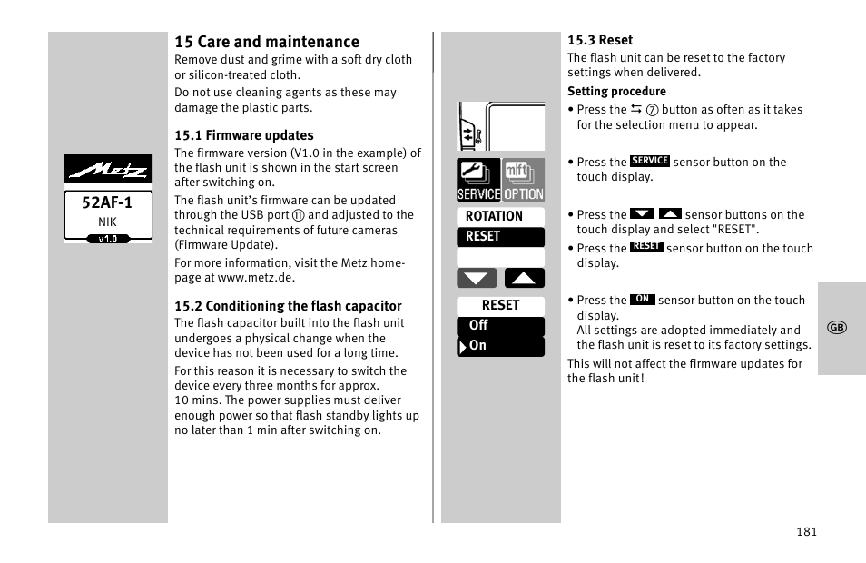 15 care and maintenance, 52af-1 | Metz MECABLITZ 52 AF-1 digital Nikon User Manual | Page 181 / 286