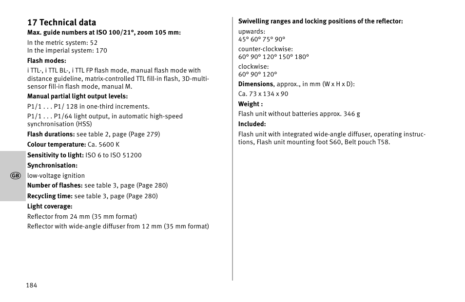 17 technical data | Metz MECABLITZ 52 AF-1 digital Nikon User Manual | Page 184 / 286