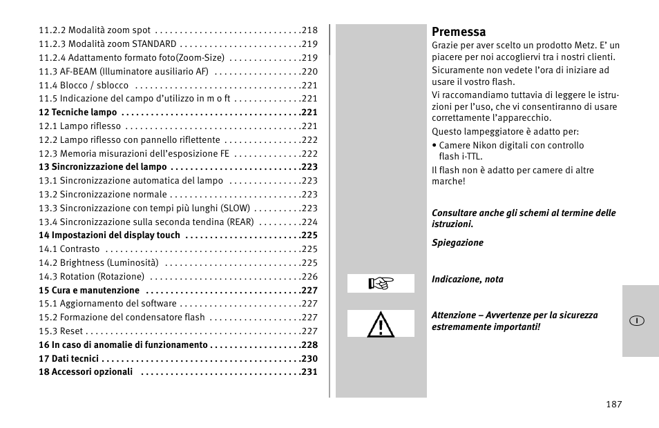 Premessa | Metz MECABLITZ 52 AF-1 digital Nikon User Manual | Page 187 / 286