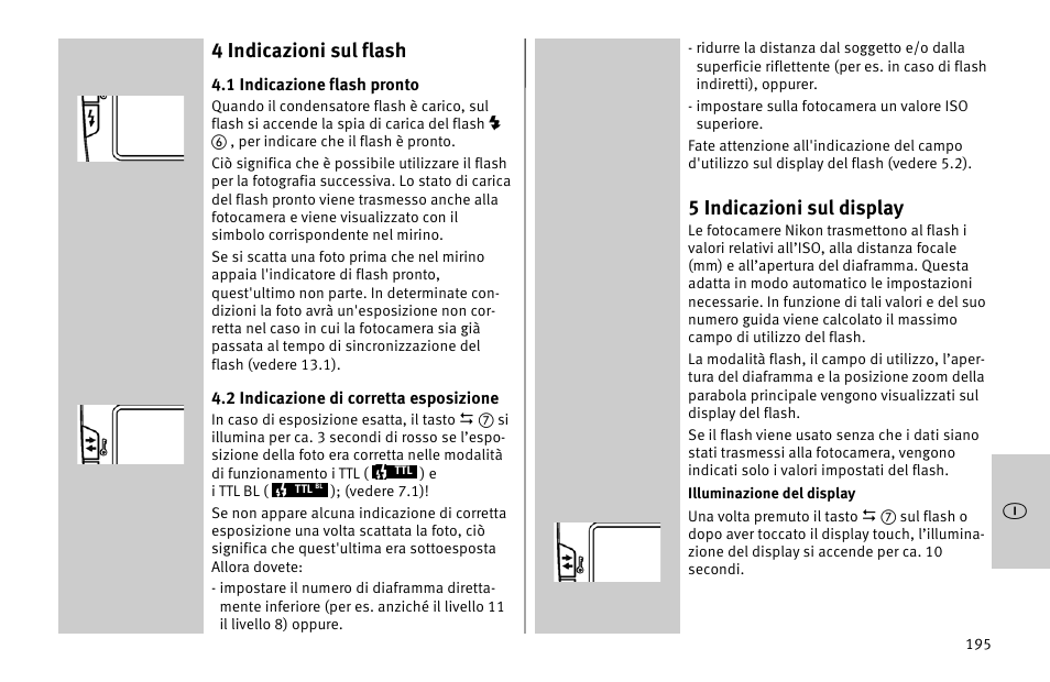 4 indicazioni sul flash, 5 indicazioni sul display | Metz MECABLITZ 52 AF-1 digital Nikon User Manual | Page 195 / 286