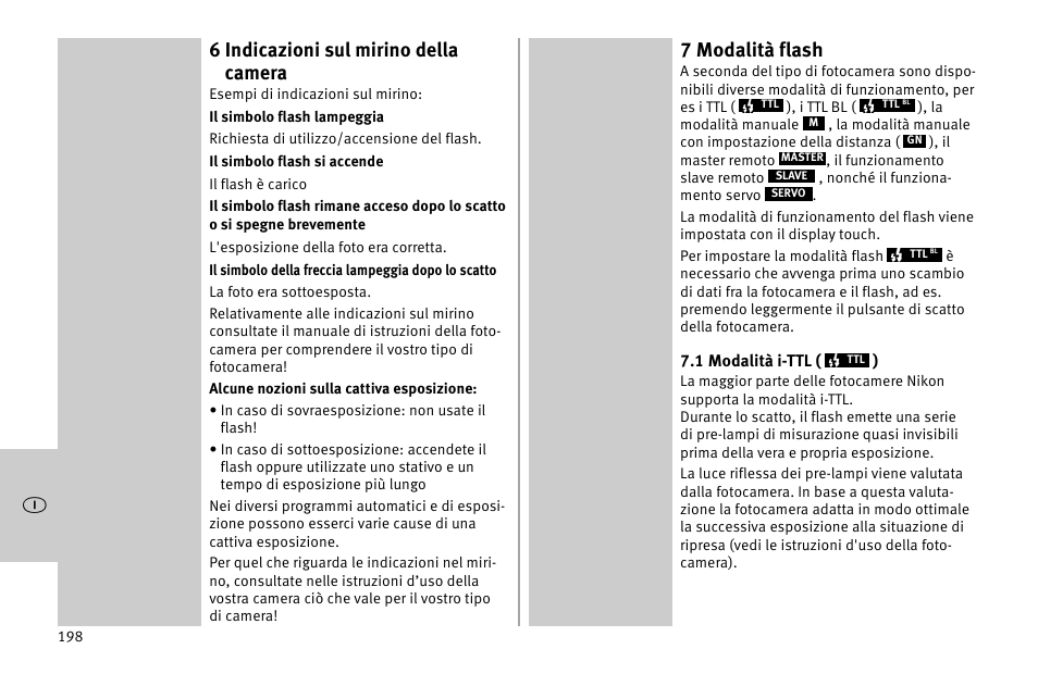 6 indicazioni sul mirino della camera, 7 modalità flash | Metz MECABLITZ 52 AF-1 digital Nikon User Manual | Page 198 / 286
