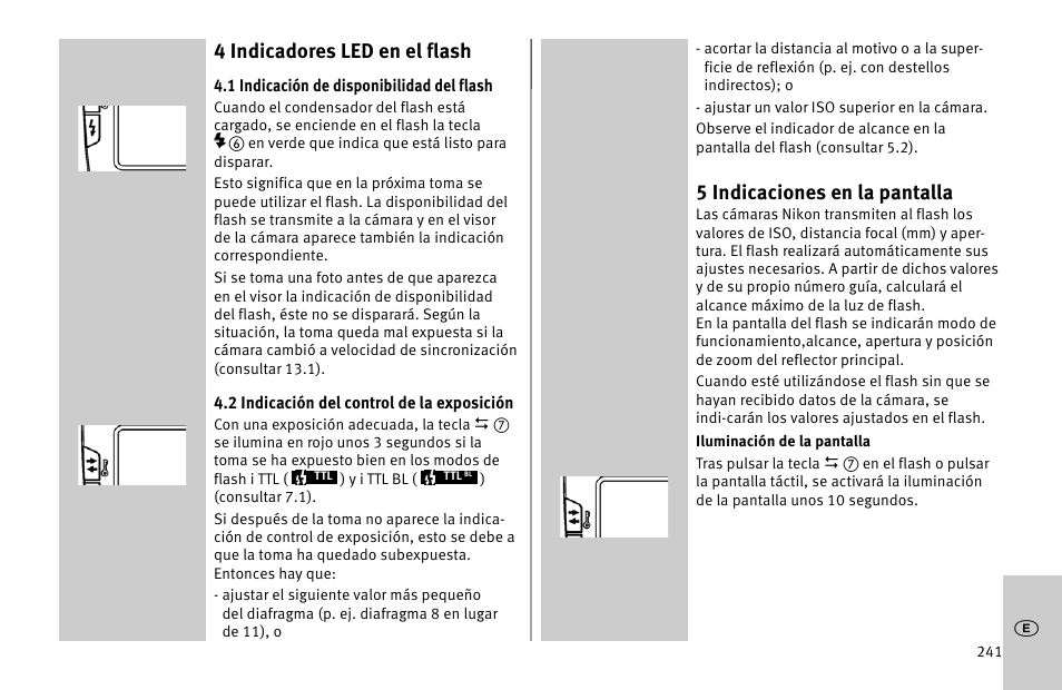 4 indicadores led en el flash, 5 indicaciones en la pantalla | Metz MECABLITZ 52 AF-1 digital Nikon User Manual | Page 241 / 286