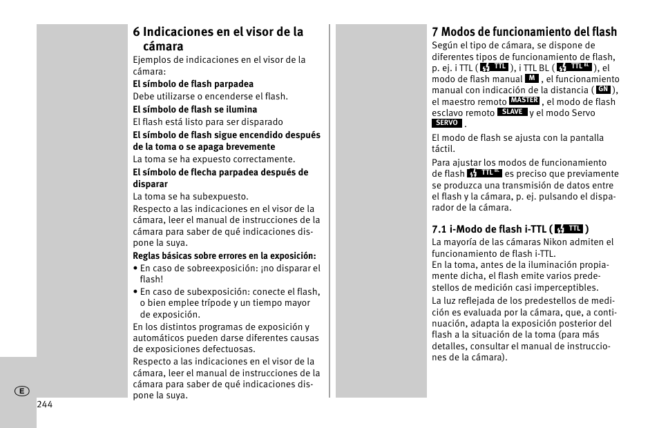 6 indicaciones en el visor de la cámara, 7 modos de funcionamiento del flash | Metz MECABLITZ 52 AF-1 digital Nikon User Manual | Page 244 / 286