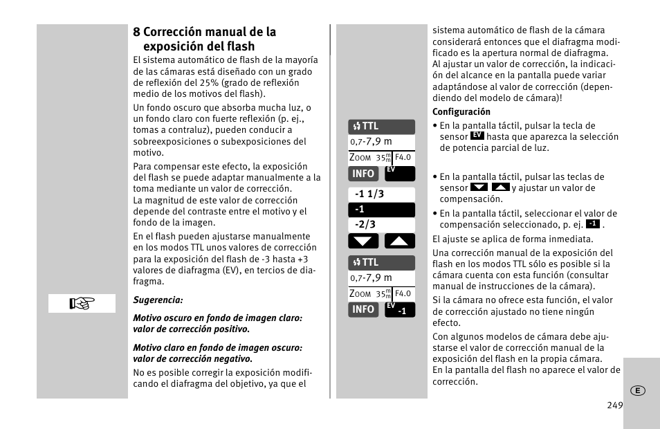 8 corrección manual de la exposición del flash | Metz MECABLITZ 52 AF-1 digital Nikon User Manual | Page 249 / 286