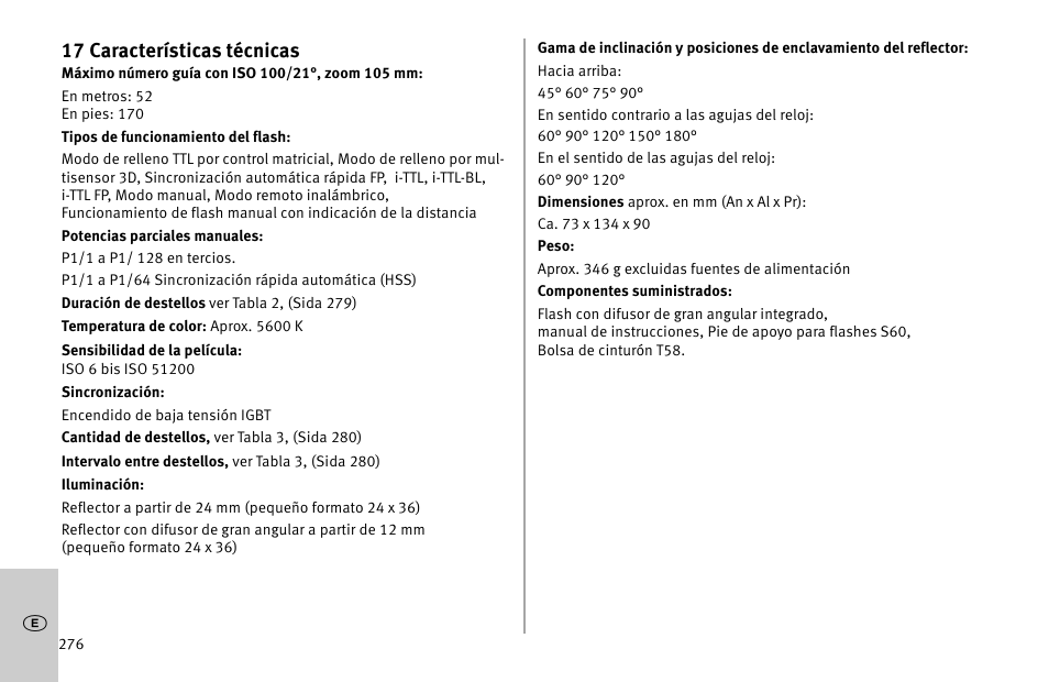 17 características técnicas | Metz MECABLITZ 52 AF-1 digital Nikon User Manual | Page 276 / 286