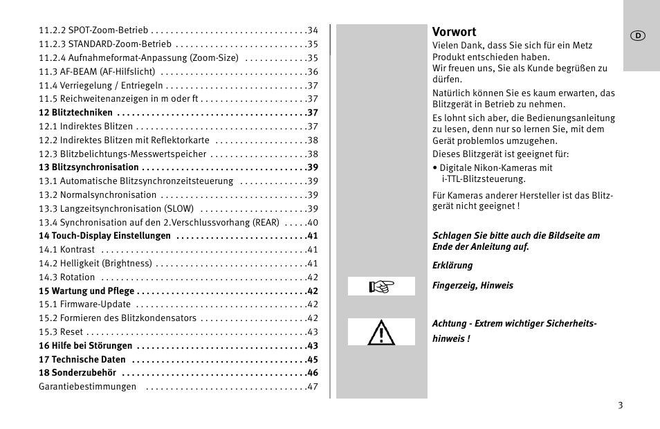 Vorwort | Metz MECABLITZ 52 AF-1 digital Nikon User Manual | Page 3 / 286