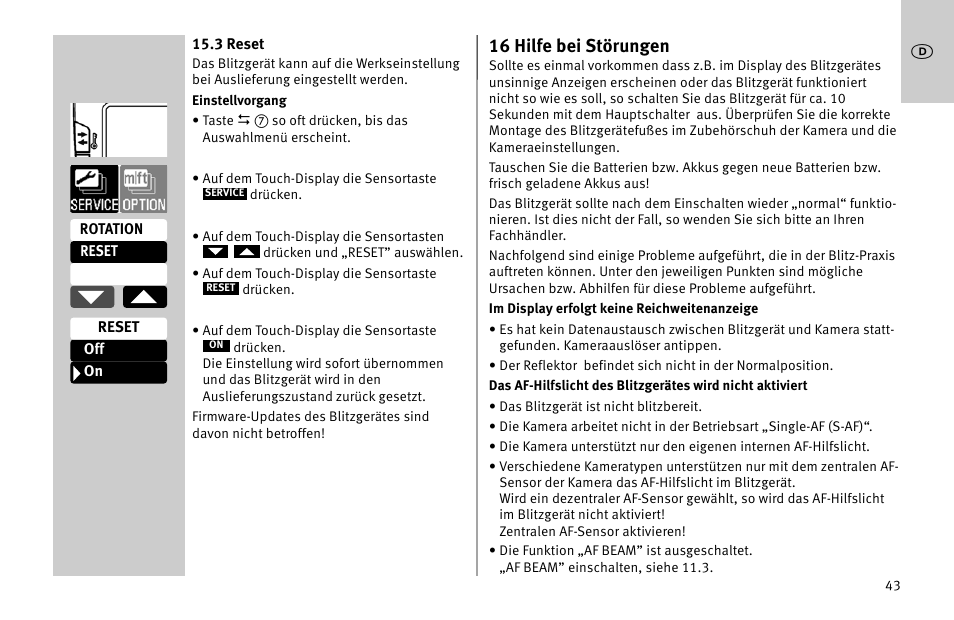 16 hilfe bei störungen | Metz MECABLITZ 52 AF-1 digital Nikon User Manual | Page 43 / 286