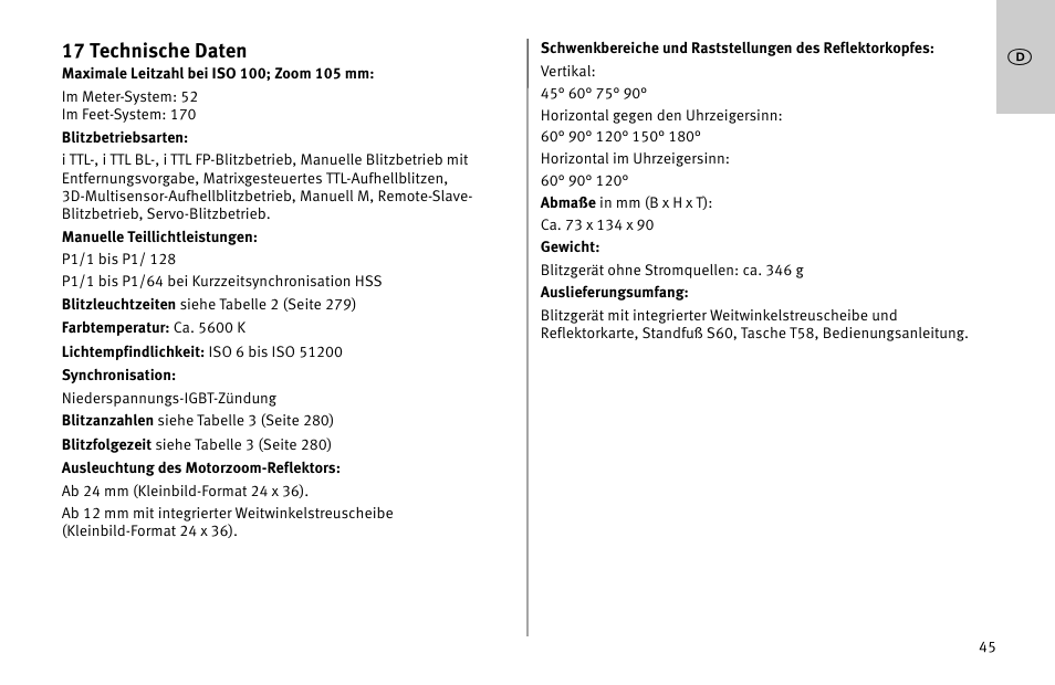 17 technische daten | Metz MECABLITZ 52 AF-1 digital Nikon User Manual | Page 45 / 286