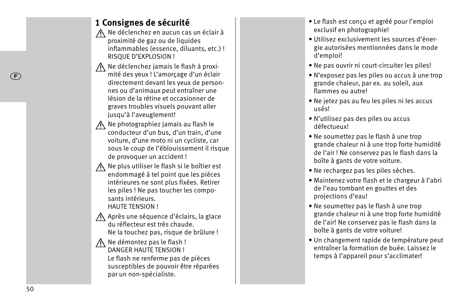 1 consignes de sécurité | Metz MECABLITZ 52 AF-1 digital Nikon User Manual | Page 50 / 286