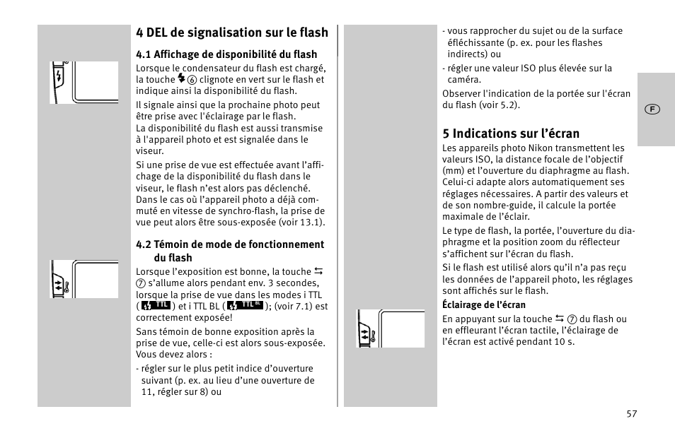 4 del de signalisation sur le flash, 5 indications sur l’écran | Metz MECABLITZ 52 AF-1 digital Nikon User Manual | Page 57 / 286