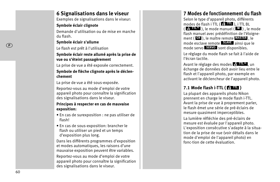 6 signalisations dans le viseur, 7 modes de fonctionnement du flash | Metz MECABLITZ 52 AF-1 digital Nikon User Manual | Page 60 / 286