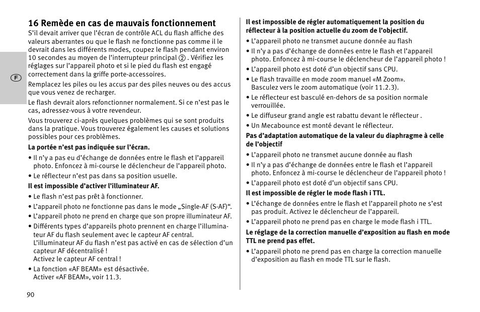 16 remède en cas de mauvais fonctionnement | Metz MECABLITZ 52 AF-1 digital Nikon User Manual | Page 90 / 286