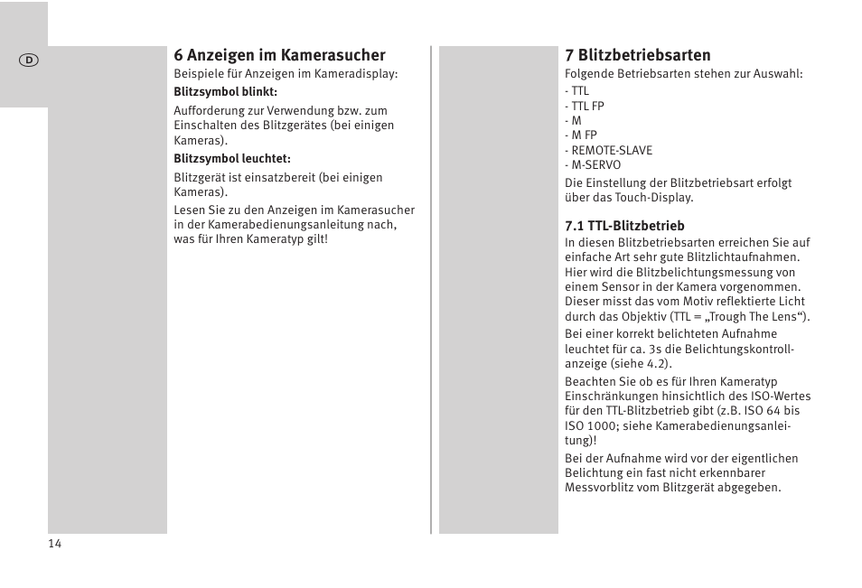 6 anzeigen im kamerasucher, 7 blitzbetriebsarten | Metz MECABLITZ 52 AF-1 digital Olympus User Manual | Page 14 / 262