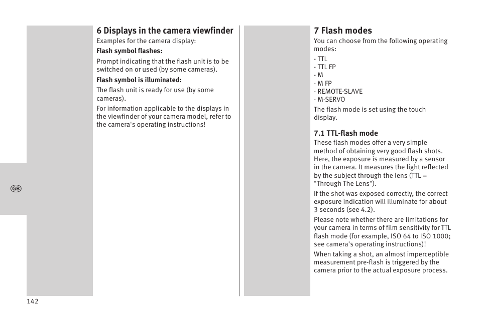 6 displays in the camera viewfinder, 7 flash modes | Metz MECABLITZ 52 AF-1 digital Olympus User Manual | Page 142 / 262