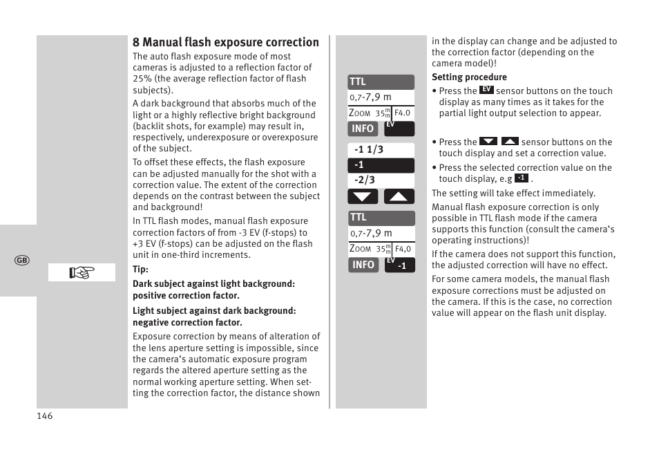 8 manual flash exposure correction | Metz MECABLITZ 52 AF-1 digital Olympus User Manual | Page 146 / 262