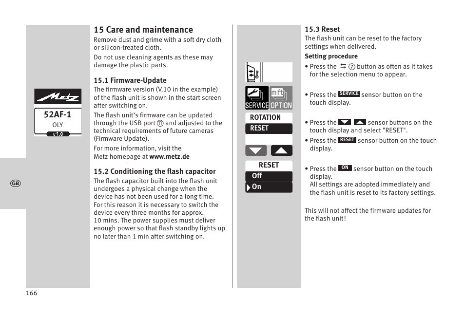 15 care and maintenance, 52af-1 | Metz MECABLITZ 52 AF-1 digital Olympus User Manual | Page 166 / 262