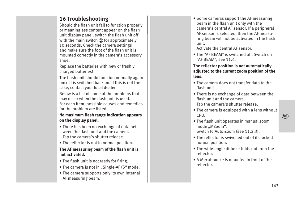 16 troubleshooting | Metz MECABLITZ 52 AF-1 digital Olympus User Manual | Page 167 / 262