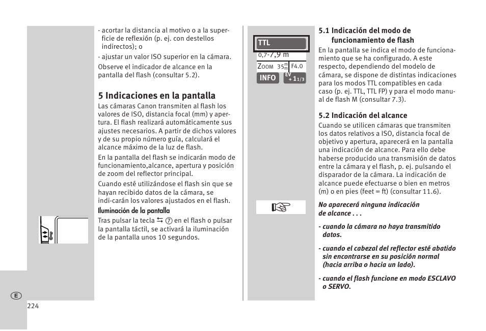 5 indicaciones en la pantalla | Metz MECABLITZ 52 AF-1 digital Olympus User Manual | Page 224 / 262