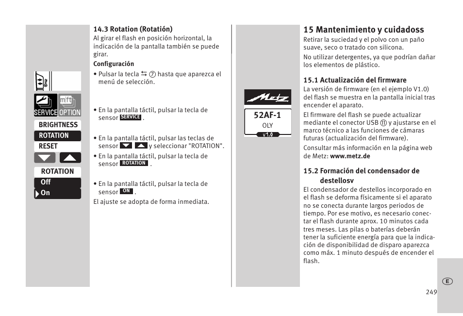 15 mantenimiento y cuidadoss, 52af-1 | Metz MECABLITZ 52 AF-1 digital Olympus User Manual | Page 249 / 262