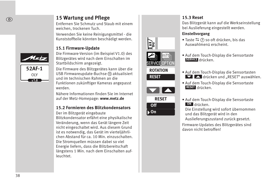15 wartung und pflege, 52af-1 | Metz MECABLITZ 52 AF-1 digital Olympus User Manual | Page 38 / 262
