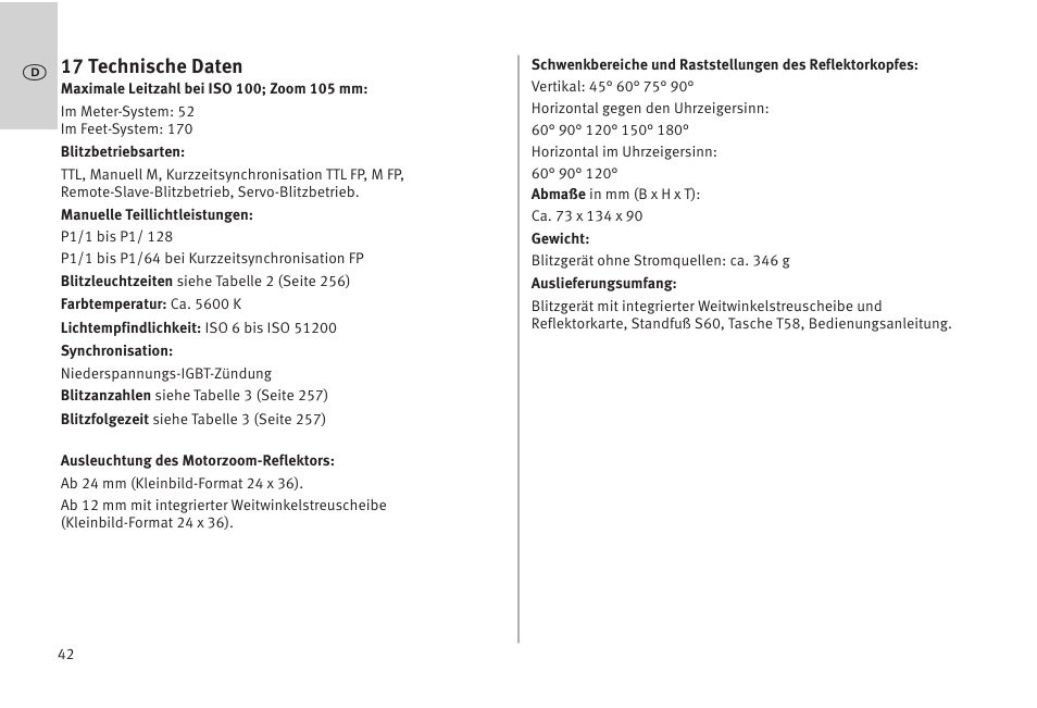 17 technische daten | Metz MECABLITZ 52 AF-1 digital Olympus User Manual | Page 42 / 262