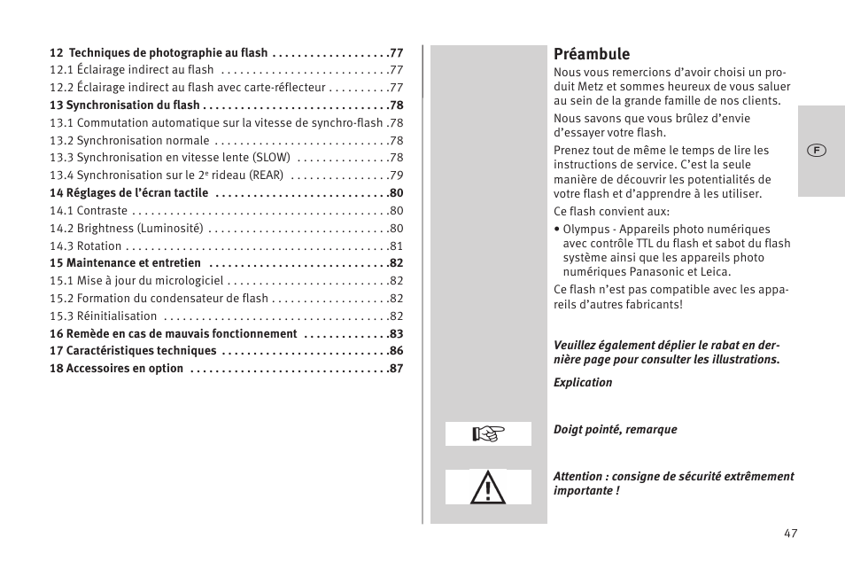 Préambule | Metz MECABLITZ 52 AF-1 digital Olympus User Manual | Page 47 / 262