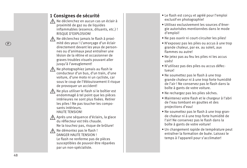 1 consignes de sécurité | Metz MECABLITZ 52 AF-1 digital Olympus User Manual | Page 48 / 262