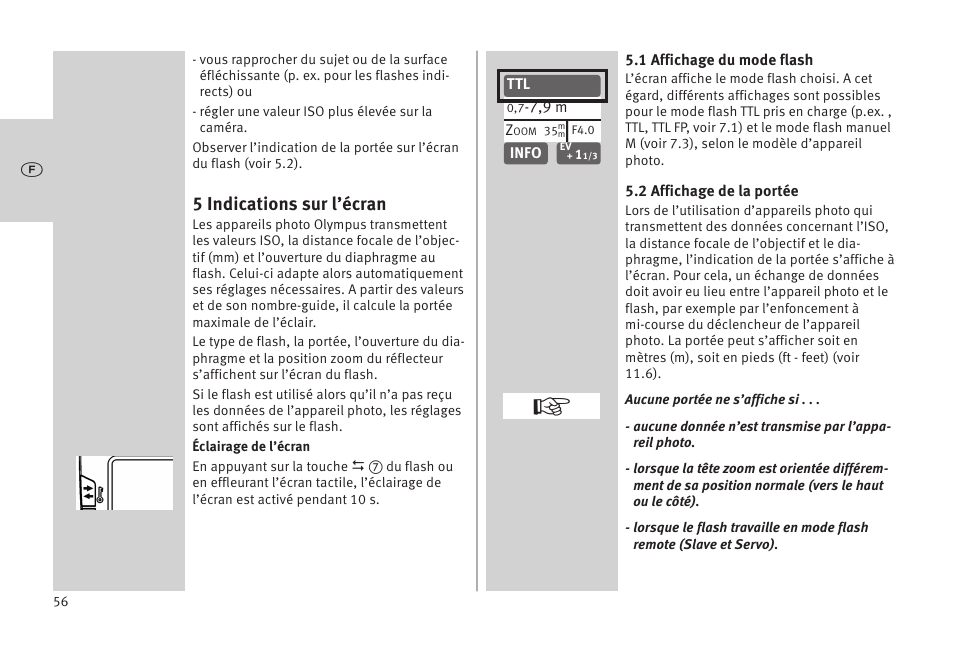 5 indications sur l’écran | Metz MECABLITZ 52 AF-1 digital Olympus User Manual | Page 56 / 262