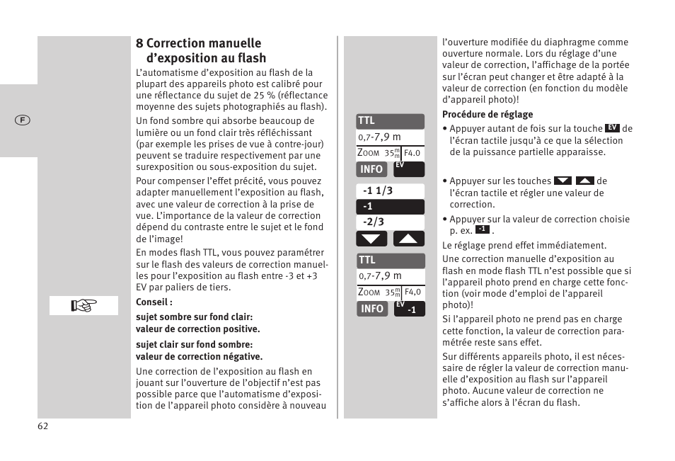 8 correction manuelle d’exposition au flash | Metz MECABLITZ 52 AF-1 digital Olympus User Manual | Page 62 / 262