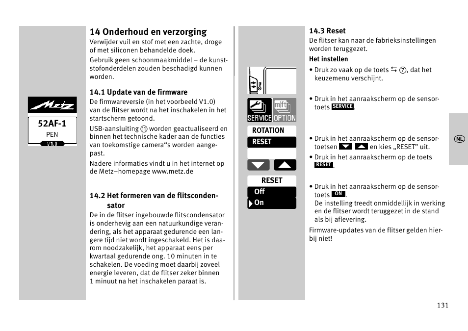 14 onderhoud en verzorging, 52af-1 | Metz MECABLITZ 52 AF-1 digital Pentax User Manual | Page 131 / 278