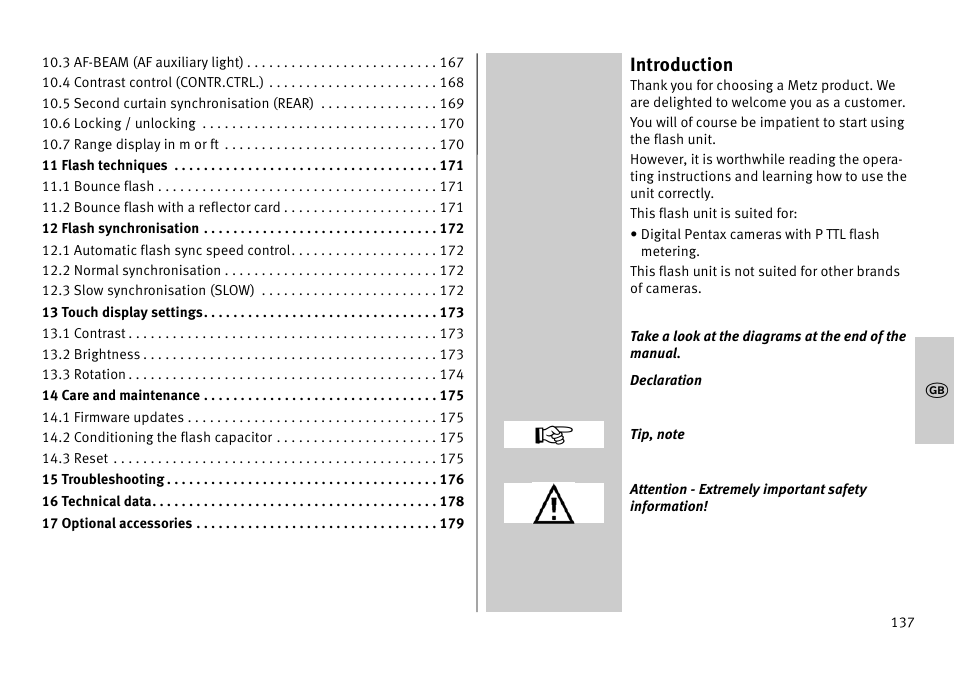 Introduction | Metz MECABLITZ 52 AF-1 digital Pentax User Manual | Page 137 / 278