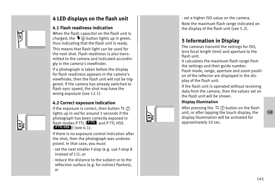 4 led displays on the flash unit, 5 information in display | Metz MECABLITZ 52 AF-1 digital Pentax User Manual | Page 145 / 278